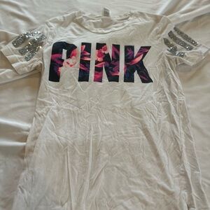 PINK Victoria's Secret White Tee with Floral Logo and Sequin Sleeves